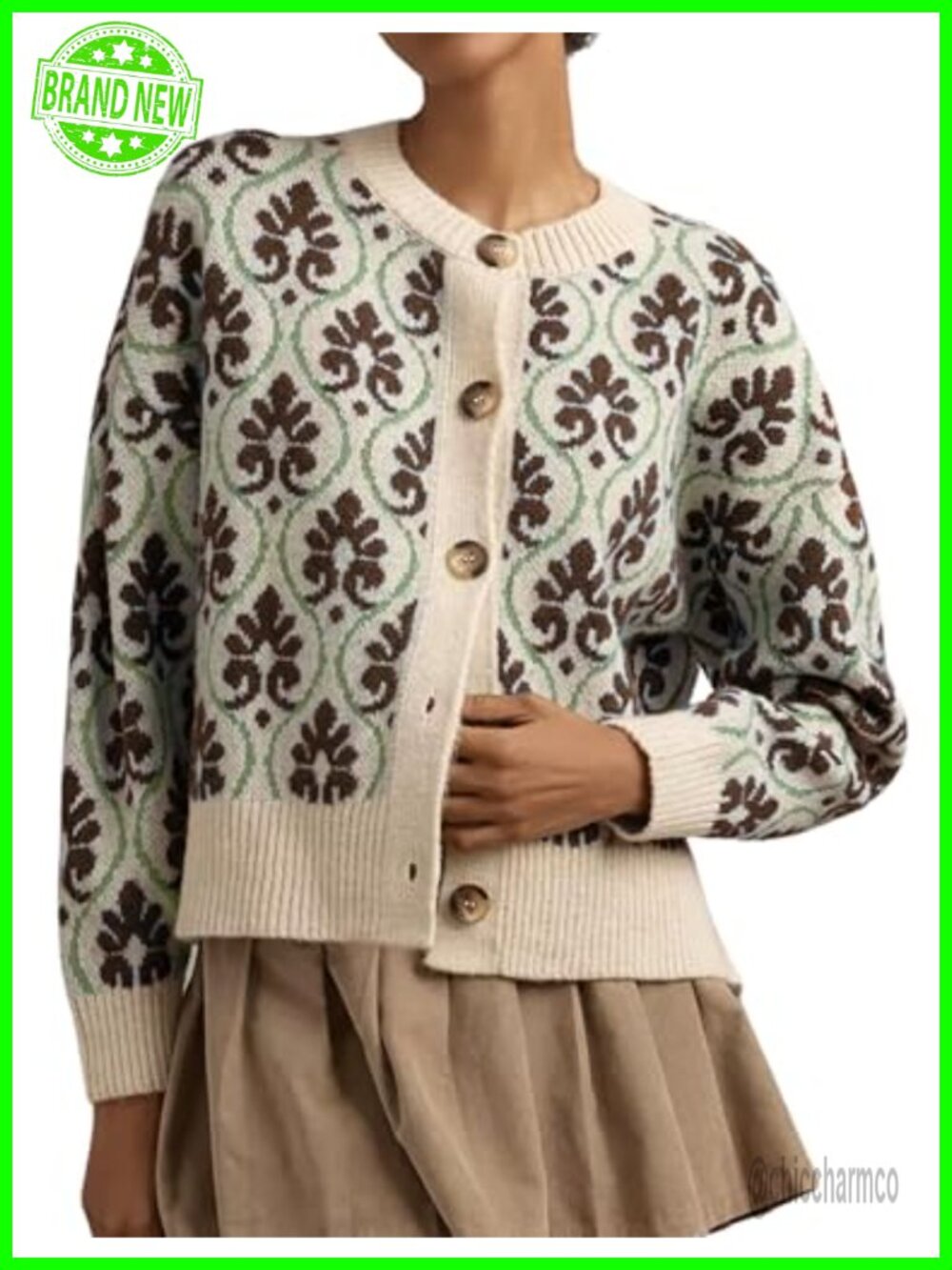 Women Floral Knit Cardigan Open Front Button Down Long Sleeve Sweater